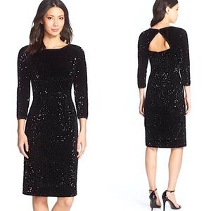 ELIZA J Black Velvet Sequin Long Sleeve Cutout Back Sheath Cocktail Dress